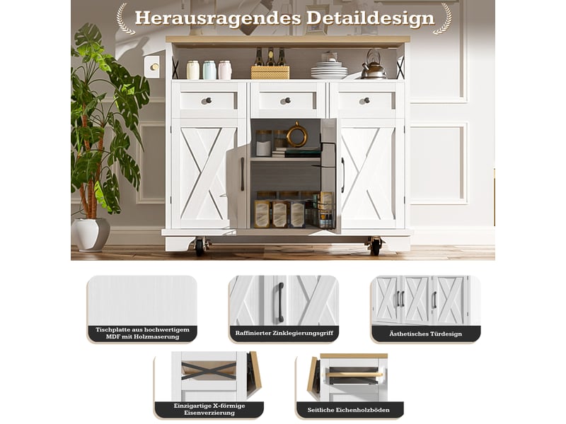  Îlot de cuisine sur roulettes avec plateau rabattable et rangement - lpospi - 3 tiroirs, mdf métal blanc 118 × 43 × 98 cm  - Conforama E