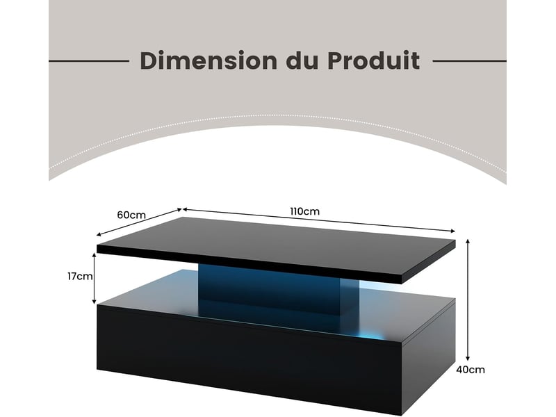  Table basse laquée 110x60x40cm led 20 lumières,8 luminosité avec télécommande,19 modes, nettoyage facile  - Conforama B