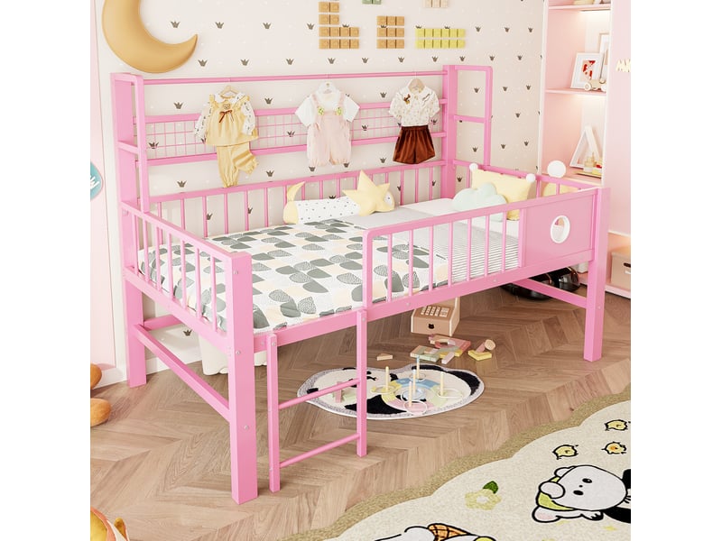 Lit surélevé enfant 90x200 cm avec rangements et penderie rose  - Conforama D