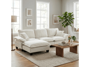Canapé d'angle modulable en l beige 263 cm avec ottomane amovible et revêtement chenille