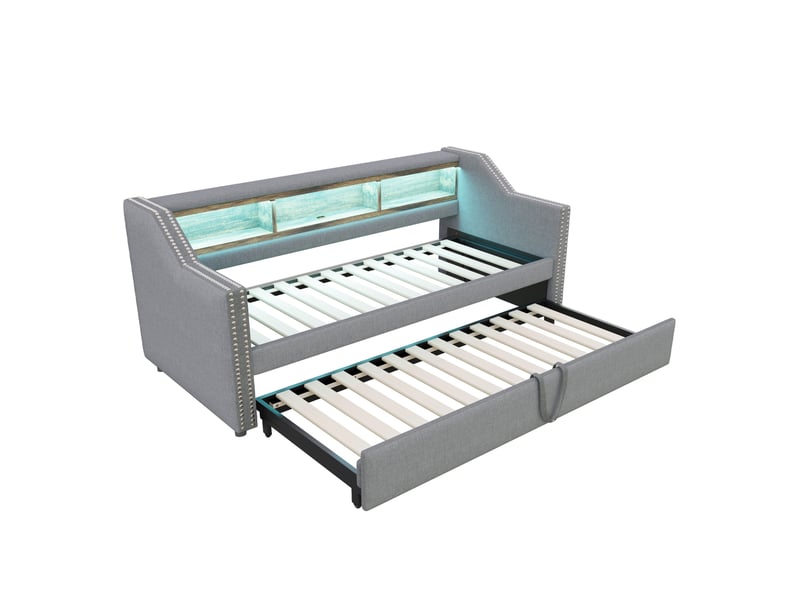  Lit banquette gigogne 90x190 cm – gris clair – led, usb, 3 rangements et 2 matelas à ressorts inclus  - Conforama D