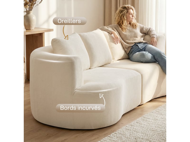  Canapé 3 places en chenille 260 cm, canapé salon, assise large, pas de montage nécessaire, 3 coussins, crème  - Conforama R