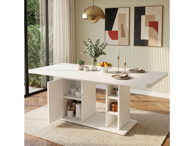  Table à manger extensible blanc 140–180 × 80 × 75cm, rangements intégrés, plateau extensible, aspect bois  - Conforama B