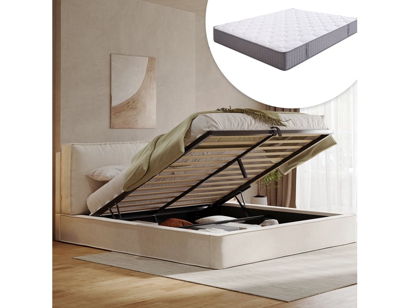  Lit coffre 180x200 cm – lit fonctionnel hydraulique avec sommier, tête de lit et matelas – en chenille beige  - Conforama B