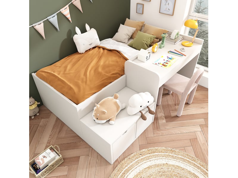  Modenvie lit enfant 90x200 cm - avec bureau, 2 tiroirs, sommier inclus, sans matelas - blanc  - Conforama D