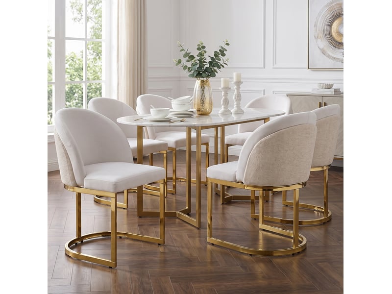  Lot de 4 chaises de salle à manger avec dossier double et rembourrage, en chenille beige et métal doré  - Conforama E