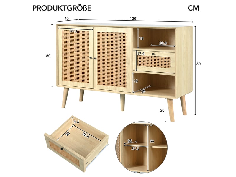  Buffet 120cm avec 1 tiroir et 2 portes magnétiques en rotin tressé avec poignées en métal noir  - Conforama D