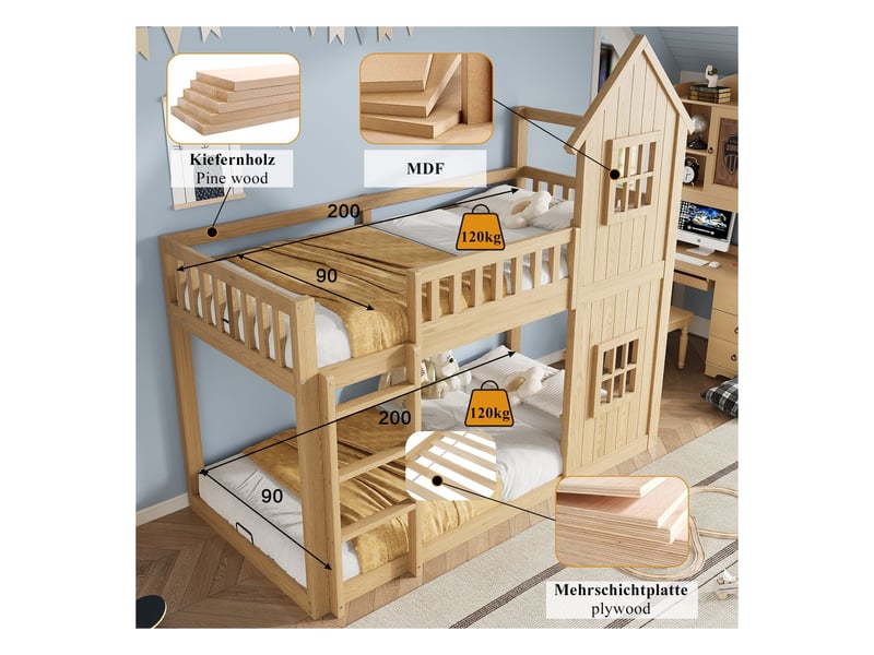  Lit superposé enfant 90 x 200 cm deux fenêtres décoratives forme maison escalier à trois marches garde-corps sur tous les côtés bois de pin et mdf finition naturelle  - Conforama D
