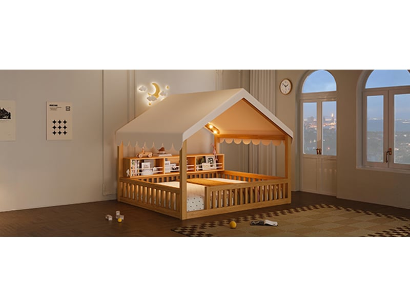  Lit enfant 140 x 200 cm, cadre de lit avec rangement, étagères ouvertes, éclairage led, barrières de sécurité, bois, naturel Morn Vibe - Conforama E