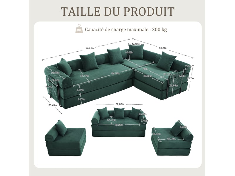 Canapé d'angle 4 places modulaire en velours côtelé vert émeraude avec poche latérale, idéal pour votre salon - Conforama C