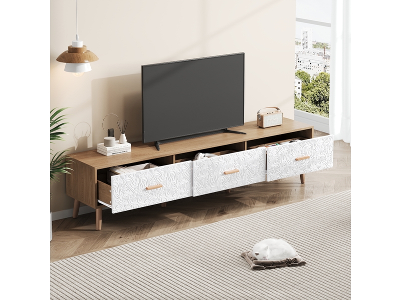  Meuble tv vintage bois clair 150 cm avec 3 tiroirs et portes texturées blanches, supporte 60 kg pour salon  - Conforama W