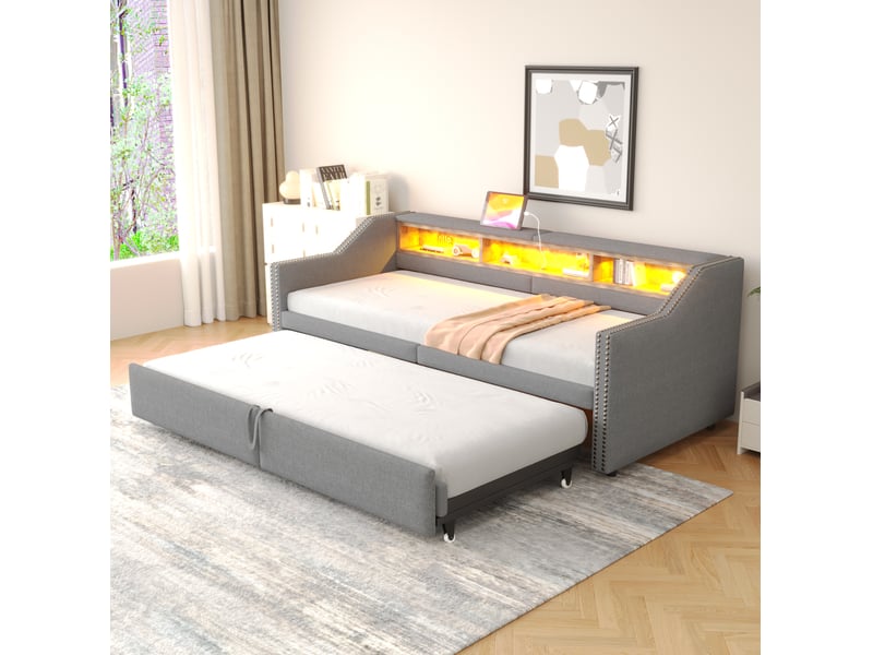  Canapé-lit extensible 90x200 cm fermé, 180x200 cm ouvert, avec matelas, rangements, led, usb, lin gris clair  - Conforama B