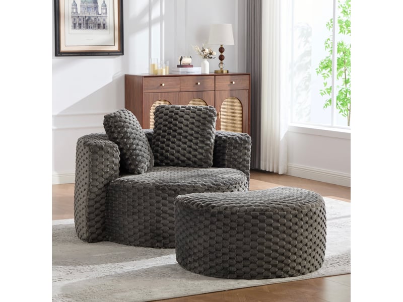  Fauteuil avec pouf en tissu, assise confortable et structure stable, sans montage, gris foncé  - Conforama E