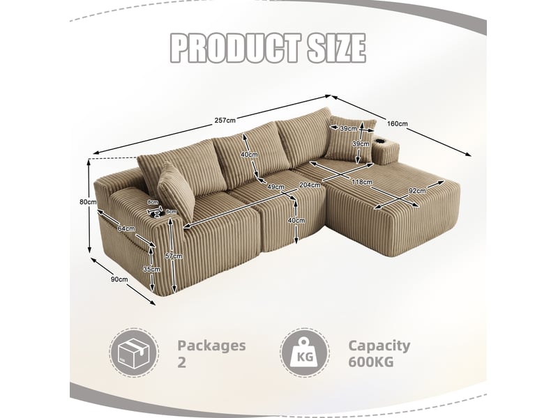 Canapé d'angle modulable ulevr 3 places avec méridienne, poches latérales et porte-gobelets, 257 x 160 cm, velours côtelé kaki - Conforama C