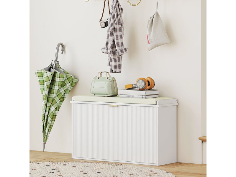 Banc à chaussures avec coussin d'assise rembourré et tiroir rabattable pour couloir, chambre, 80 x 26 x 47,5 cm, blanc  - Conforama D