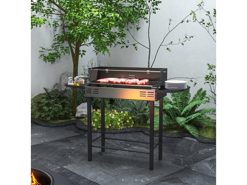  Barbecue à charbon à 3 niveaux avec étagères rabattables et rôtissoire, acier inoxydable, 118 x 32 x 90 cm, noir  - Conforama D