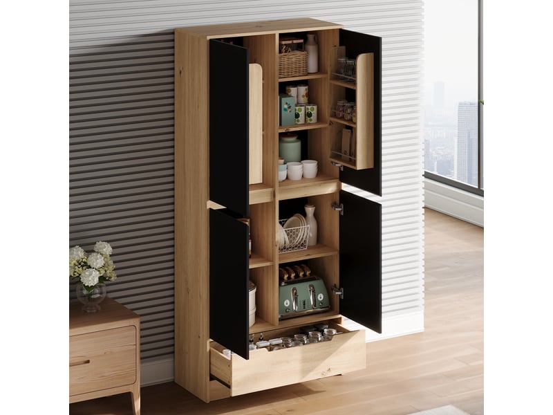 Armoire de cuisine garde-manger 80x35x180 cm - 1 tiroir - étagères réglables - rangements de portes - mdf - noir et bois naturel  - Conforama E