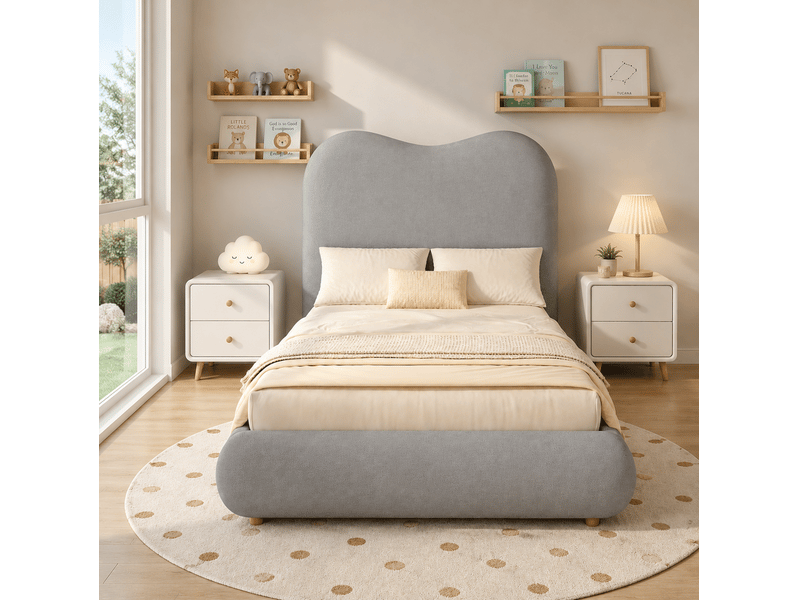  Lit enfant rembourré en lin gris avec rangement hydraulique  - Conforama C
