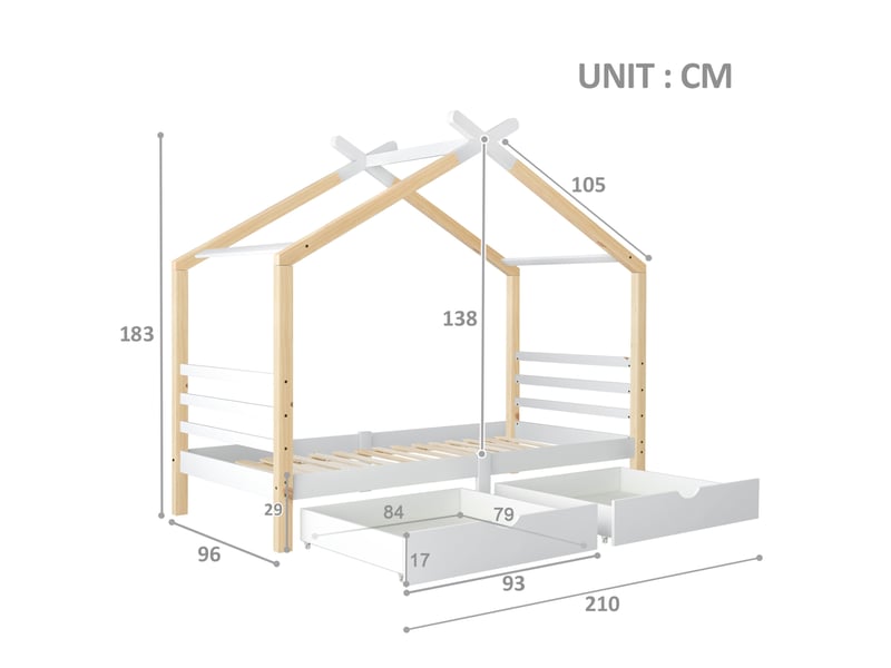 Lit cabane enfant avec 2 tiroirs 90x200 cm blanc et bois - Conforama E