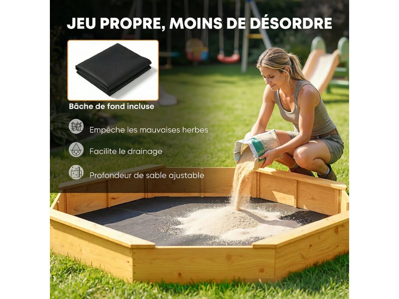 Bac à sable en bois avec auvent, bac à sable enfant extérieur avec 4 bancs, doublure de fond, jaune - Conforama W