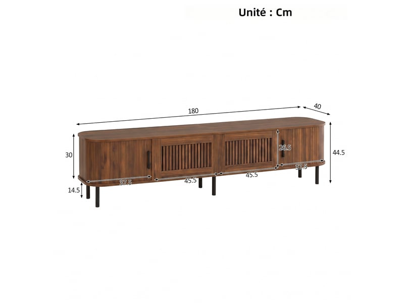  Meuble tv 180x40x44,5 cm noyer mdf et panneaux particules avec portes coulissantes tiroirs grilles éclairage led application evarich - Conforama C