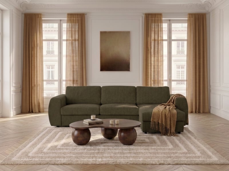  Bobochic canapé d'angle réversible convertible coffre hugo ouverture express tissu texturé vert 140x190 réversible HUGO - Conforama C