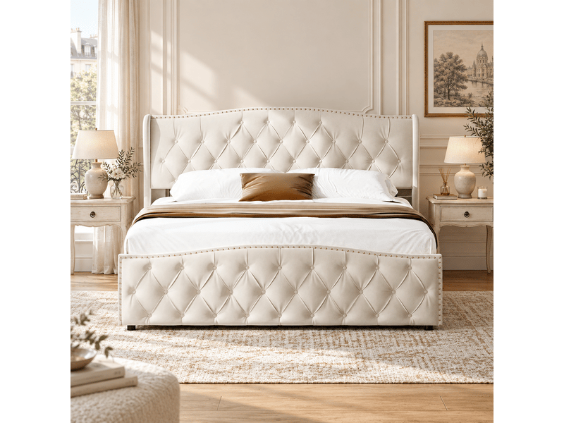 Lit rembourré 140x200 cm avec sommier à lattes relevable, lit coffre hydraulique 2 places avec espace de rangement sous le lit, tête et pied de lit capitonnés en tissu velours doux, cadre de lit double tapissé pour chambre à cou… - Conforama B