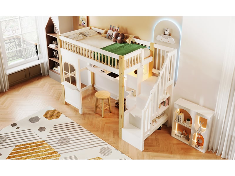  Lit mezzanine enfant 90 x 200 cm blanc et naturel avec bureau, rangements et led  - Conforama D
