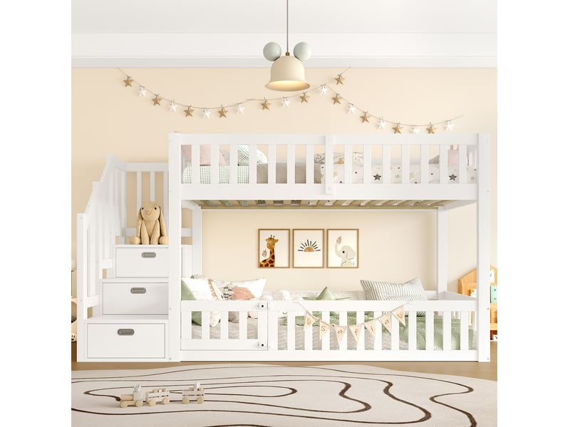  Lit superposé, 90x200 cm, mobilier enfant, avec escalier de rangement, matelas non inclus, bois et mdf, coloris blanc  - Conforama D