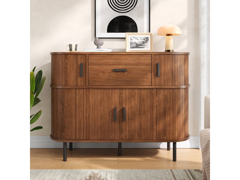 Buffet 2 niveaux avec portes coulissantes, meuble de rangement salon couleur noyer, 110x35x81.5 cm - Conforama R