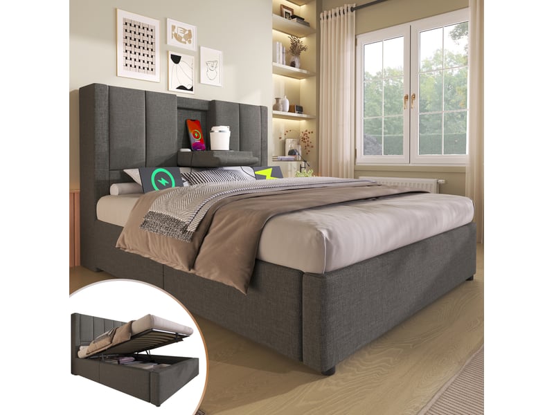  Modenvie lit coffre 90x200 cm - rangement sous le lit, station de charge usb c - matelas inclus - gris  - Conforama B