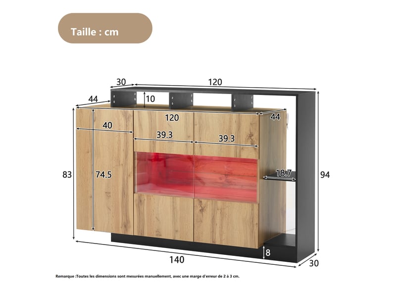 Buffet 140 x 44 x 94 cm, pour salle à manger ou salon, éclairage led avec commande bluetooth - Conforama C