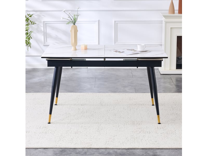 Table repas extensible, table à manger moderne, 140-200 cm, plateau blanc effet marbre, métal noir, détails dorés - Conforama D
