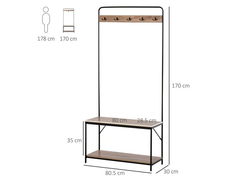 Porte-manteau 3 en 1 avec banc et étagère à chaussures, style industriel, mobilier d'entrée vintage en bois et acier, 80,5 x 30 x 170 cm, noir  - Conforama E