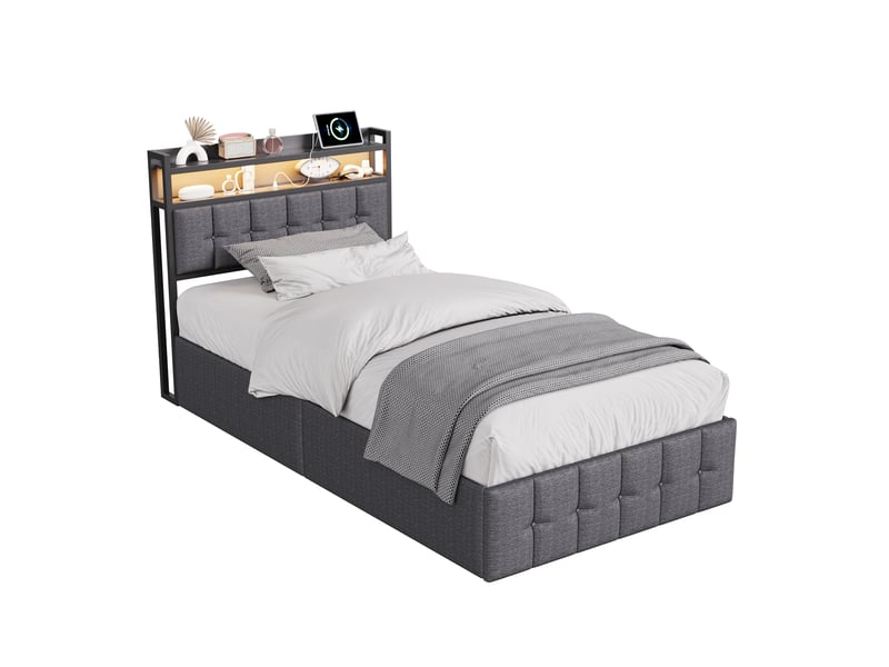  Lit coffre 90x200 avec led et usb, lit simple avec espace de rangement hydraulique cadre de lit rembourré avec  tete de lit lits 1 place pour adolescent et chambre d'amis gris lin, sans matelas  - Conforama A