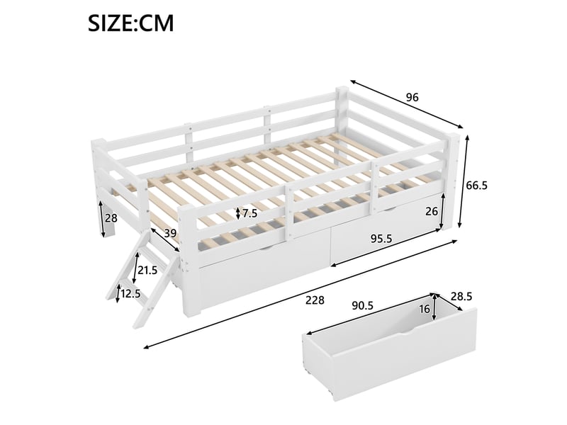  Modenvie lit enfant 90x200 cm - avec barrières de sécurité, 2 tiroirs, sans matelas - blanc  - Conforama C