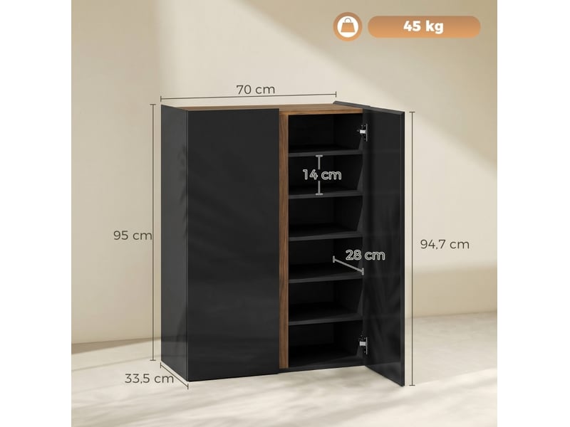  Meuble à chaussures 6 niveaux 70 x 33,5 x 95 cm, noir brillant sans poignées  - Conforama C