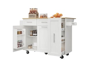 Desserte roulante,chariot de cuisine avec 2 portes,2 tiroirs,étagères à snack,plateau pliable,porte-serviettes et étagère latérale,blanc