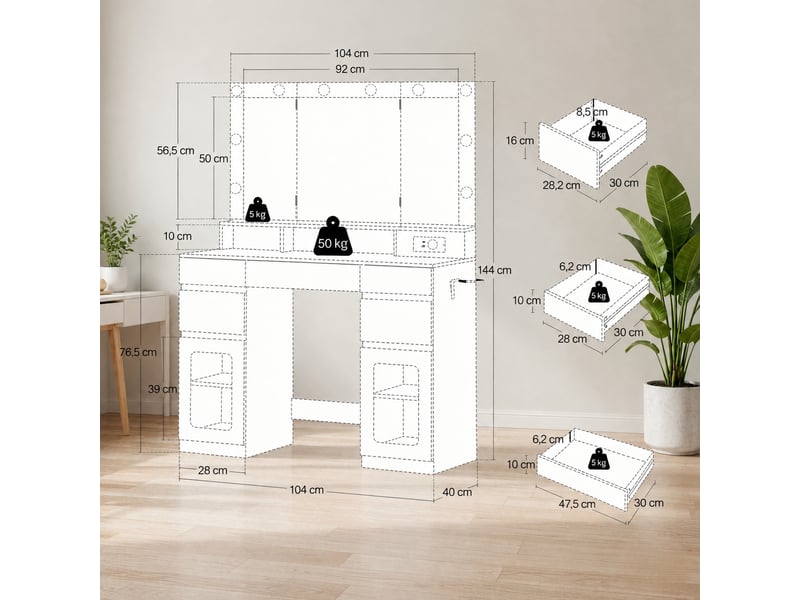  Coiffeuse blanche de 104 x 40 x 144 cm en panneaux de particules et verre, avec inserts de portes en acrylique semi-transparent. Miroir à 10 ampoules led, 5 tiroirs, 2 placards et station de charge intégrée.  - Conforama C