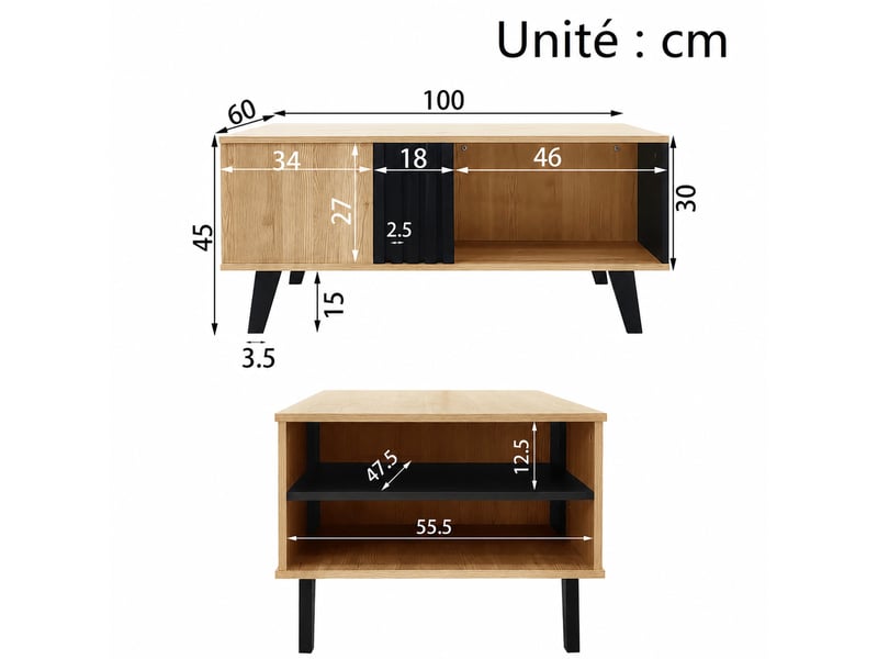  Ensemble de salon 3 pièces – table basse, banc tv 170 cm et buffet led – bois et noir  - Conforama D