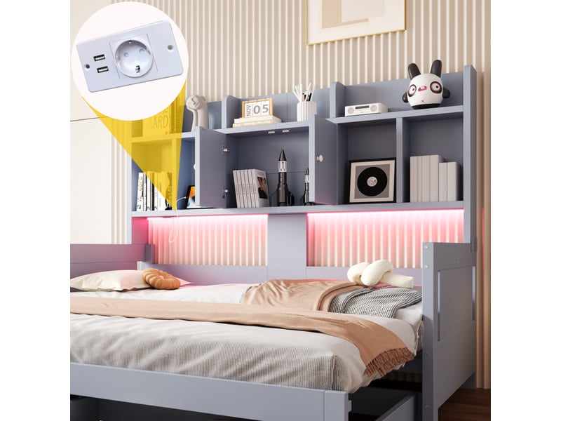  Canapé-lit 90x190 cm, lit enfant, couchage d'appoint, tiroirs, extensible, étagères, bois gris, led  - Conforama E