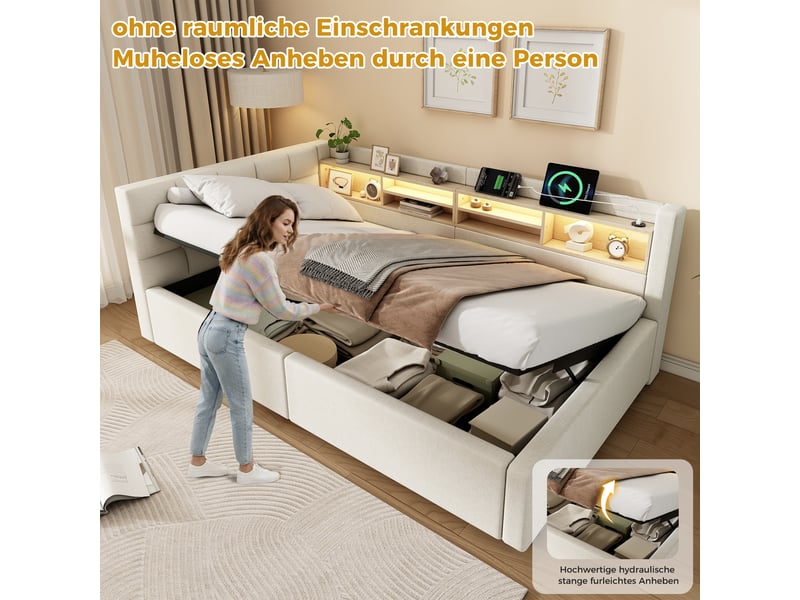 Lit de jour canapé-lit, 90 × 200 cm, beige, lin et mdf, coffre hydraulique, rangements intégrés, éclairage led, usb, sans matelas - Conforama D