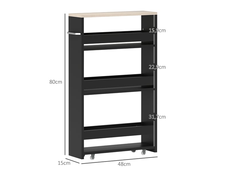  Chariot de rangement à 3 niveaux chariot de stockage étagère sur roulettes avec poignée - 48 x 15 x 80 cm noir  - Conforama C