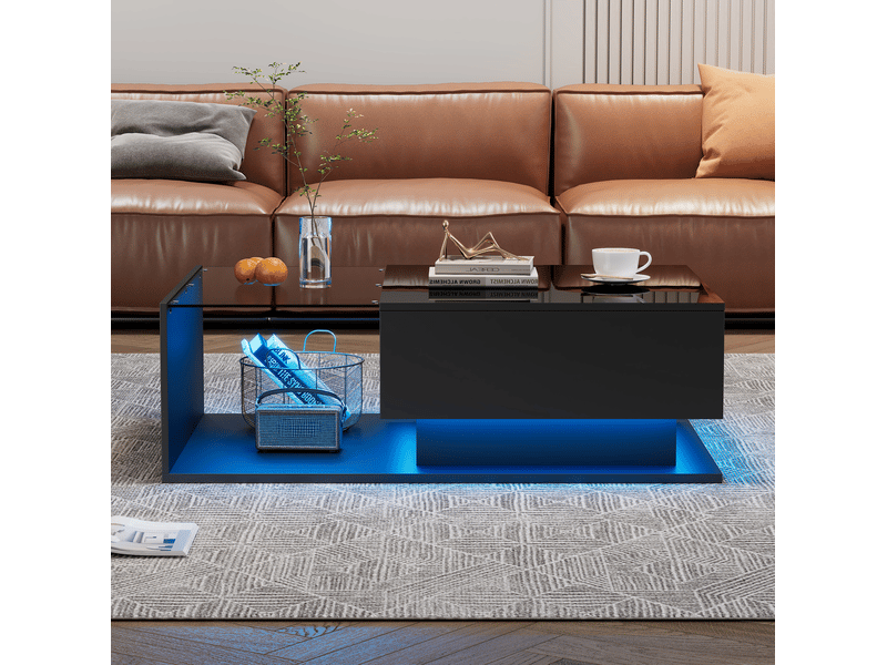  Table basse noire brillante 100 x 50 x 32 cm avec plateau en verre, tiroir et led  - Conforama E