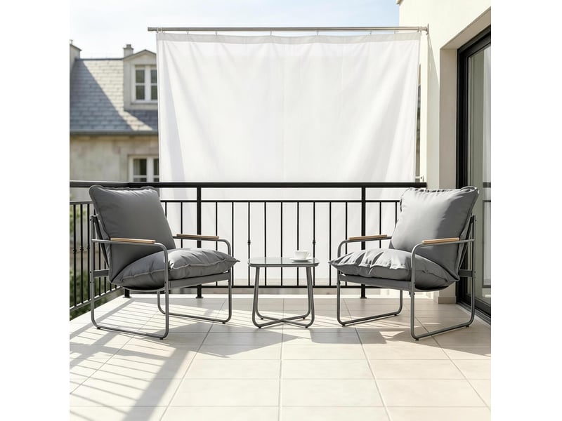  Salon de balcon 2 fauteuils 70,7x58,5x80 cm, table 45x45 cm gris métal et verre, coussins inclus  - Conforama E
