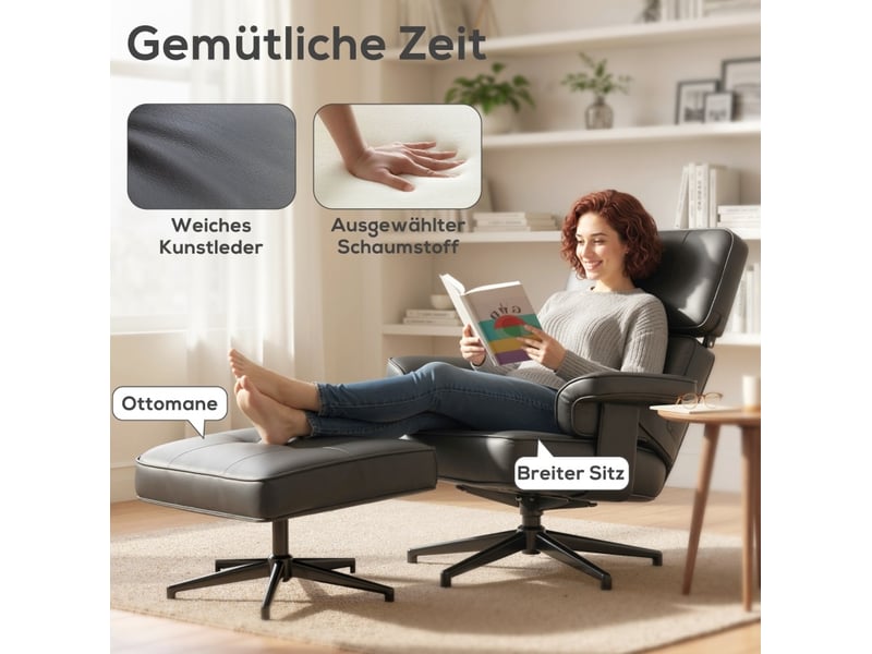 Fauteuil relax avec repose-pieds, appui-tête réglable et base métallique en cuir synthétique noir  - Conforama E