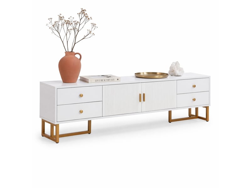  Meuble tv avec 4 tiroirs, 2 portes texturées, charnières amorties et pieds dorés en mdf blanc 175×30×46 cm  - Conforama A