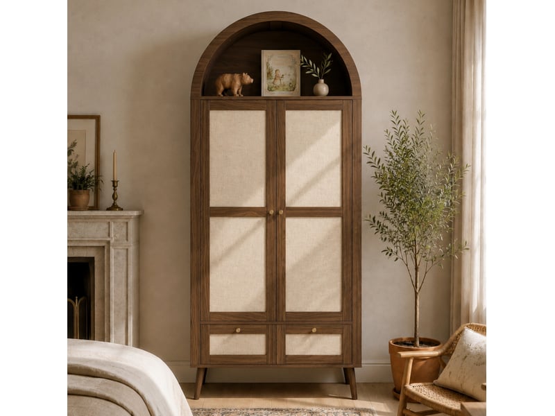  Armoire 2 portes en mdf bois foncé et résine tressée beige, 2 tiroirs, niche ouverte, 80 × 55 × 180 cm  - Conforama E