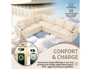 Canapé d'angle droit fixe KORFEE 6 places Velours Beige