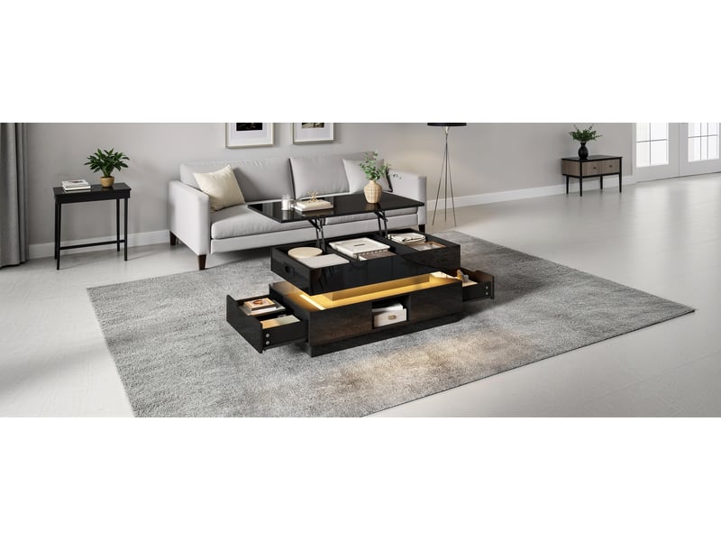  Table basse laquée brillante réglable en hauteur avec rangement, led intégrée et prise électrique  - Conforama R